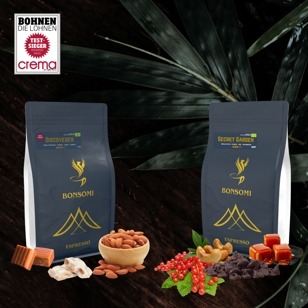 Testsieger Espresso des Monats Bonsomi Discoverer und Secret Garden mit Karamell, Nüssen und Fruchtnoten