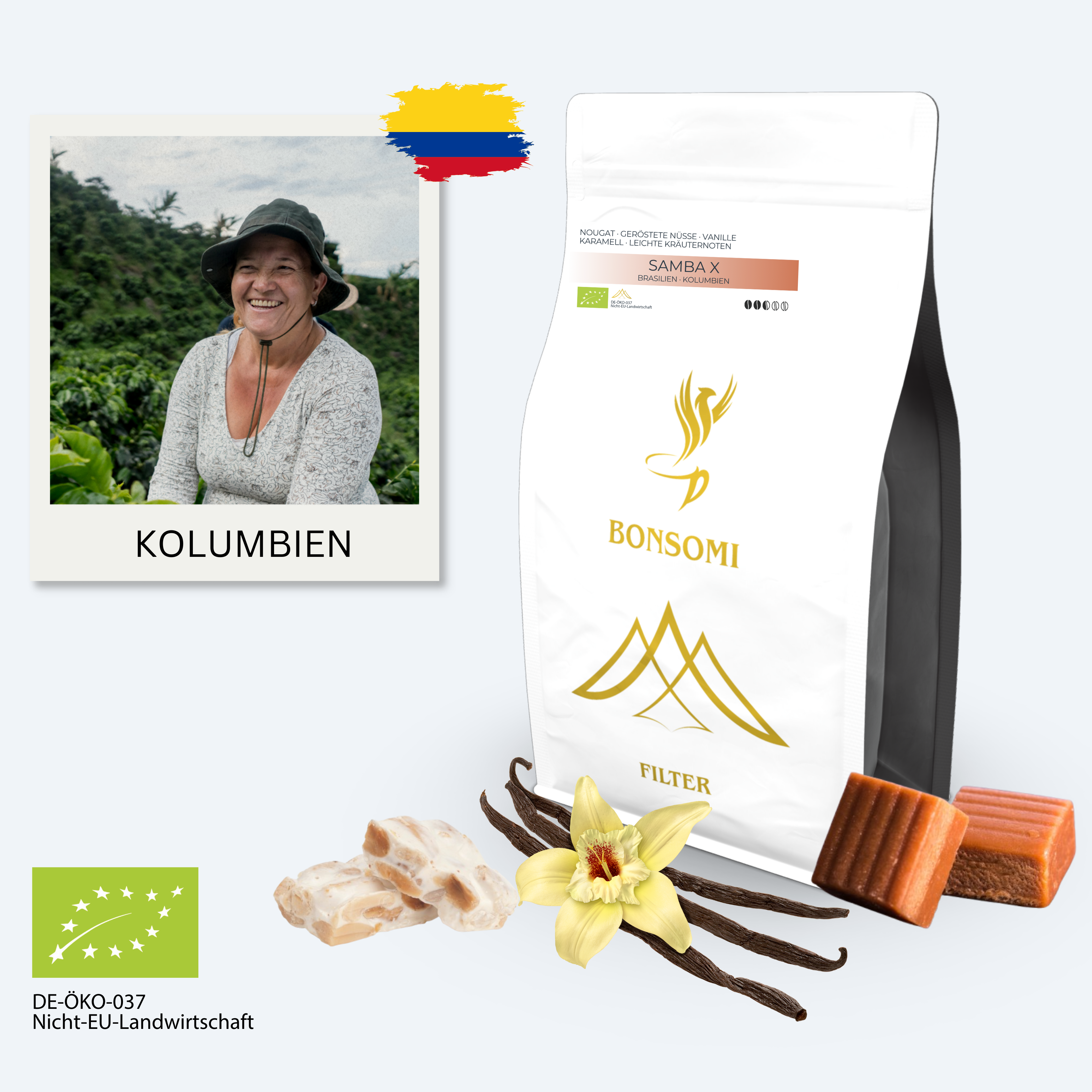 Sierra Nevada de Santa Marta Samba X Arabica Kaffee aus nachhaltigem Anbau in Kolumbien mit mildem Aroma und Karamell, Vanille, Nougat und Kräuternoten.