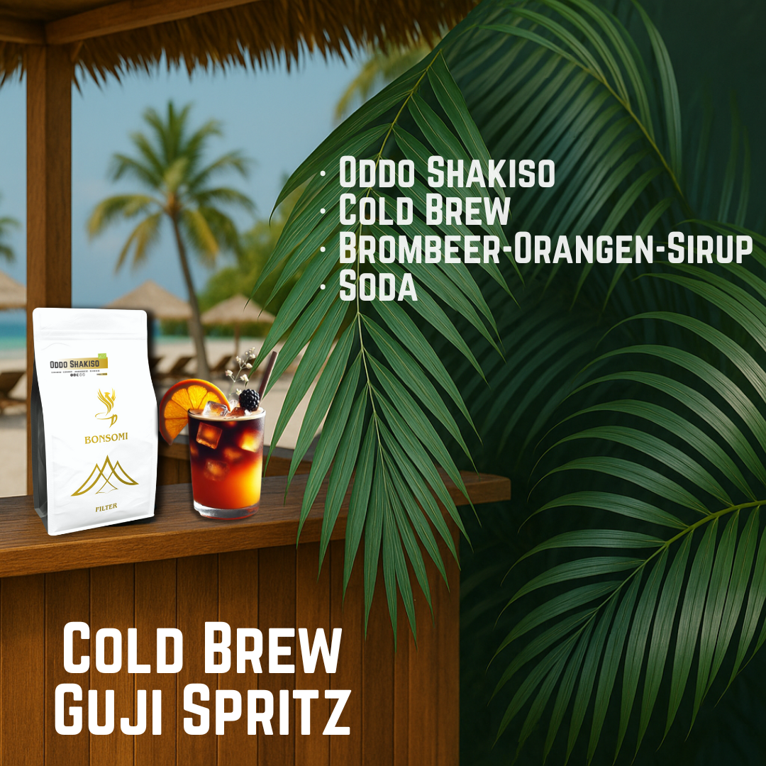 Cold Brew Guji Spritz with Oddo Shakiso coffee, blackberry orange syrup, and soda on tropical background