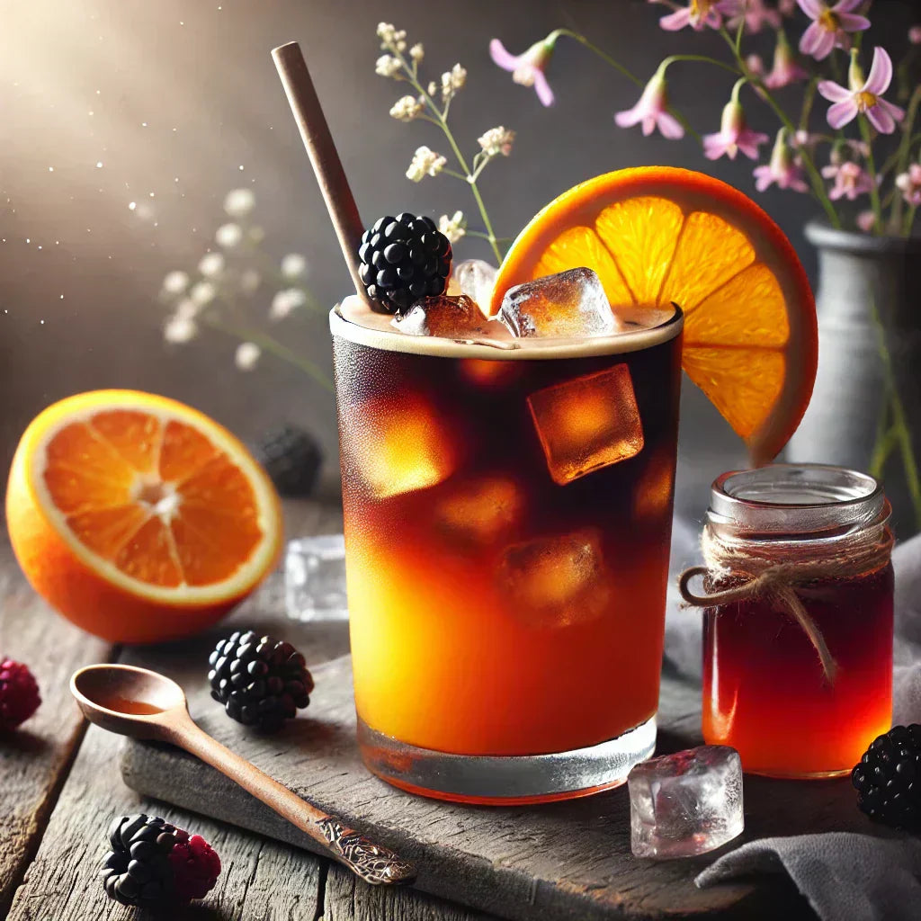 Cold Brew Spritz with blackberry orange syrup, ice cubes, and orange slice garnish in a glass on wooden table with fresh blackberries and orange halves.