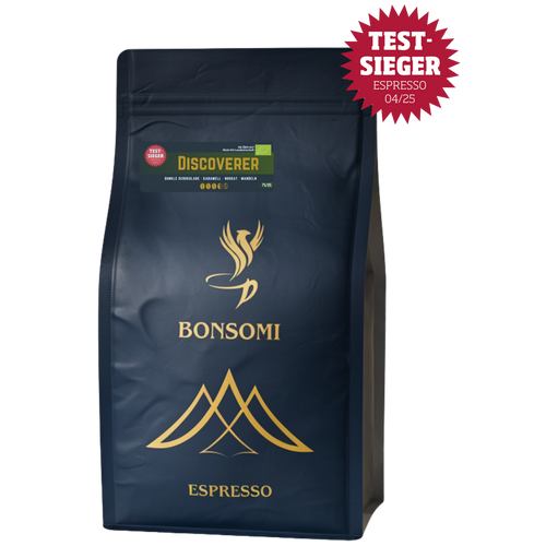Bonsomi Discoverer Espresso 500g – Testsieger Espresso 2025 mit ausgewogener Röstung, dichter Crema und eleganten Schokoladennoten