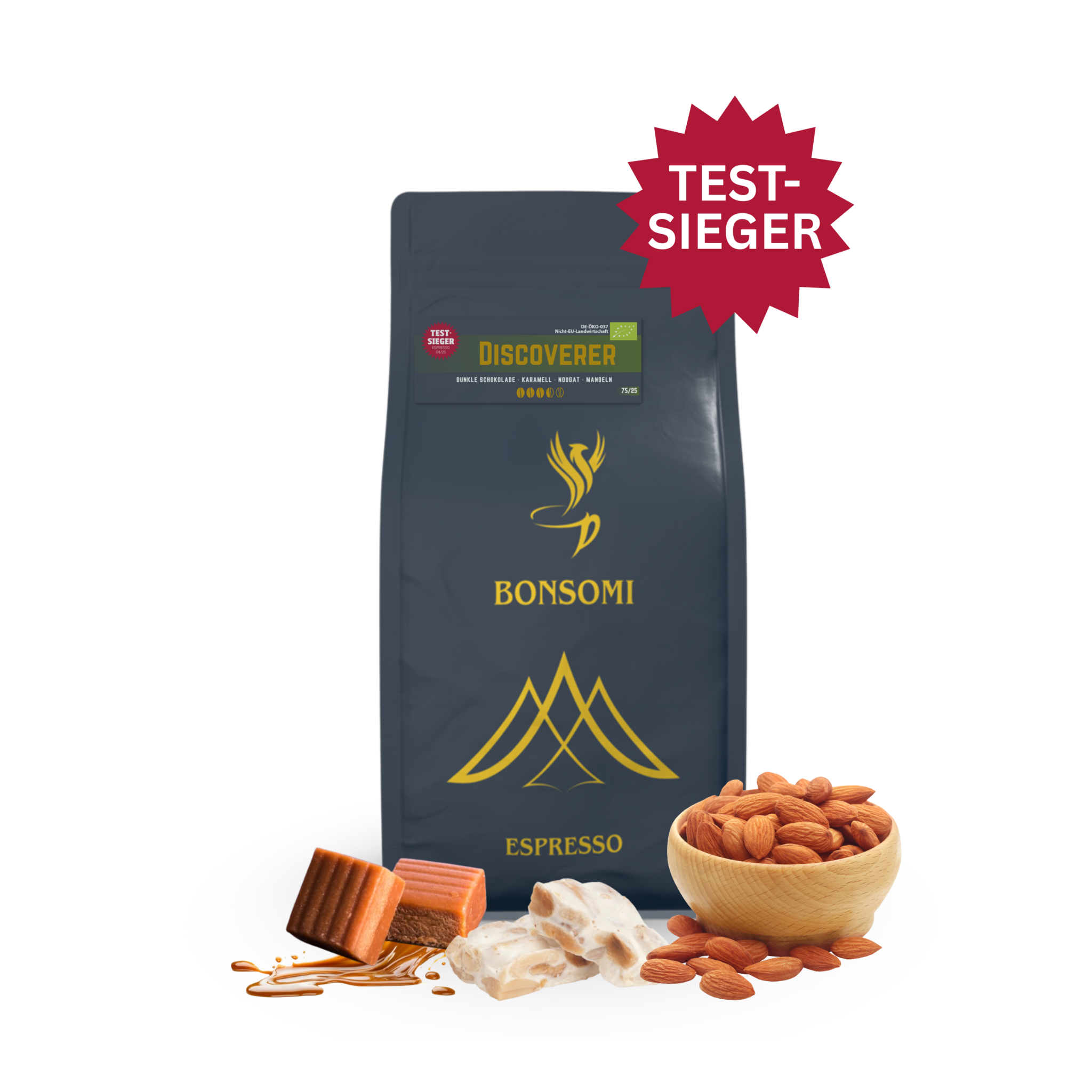 Testsieger Espresso Discoverer BIO mit Aromen von Schokolade, Karamell, Nougat und Mandeln in hochwertiger Bohnenmischung aus Brasilien, Indien und Mexiko