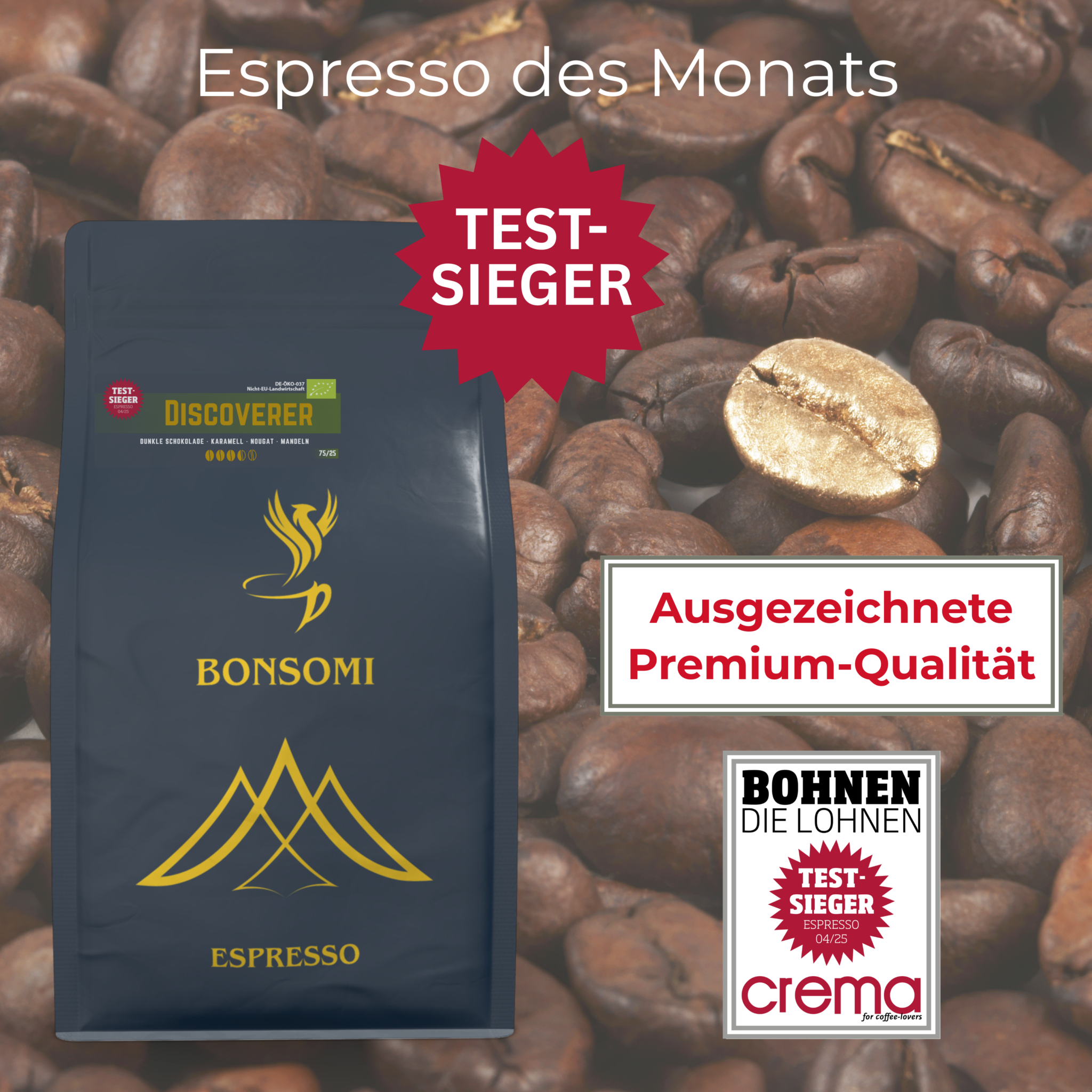 Entdecke den Testsieger Espresso Discoverer BIO mit schokoladigem Karamell- und Nougatgeschmack, Premium-Bio-Bohnen aus Brasilien, Mexiko und Indien