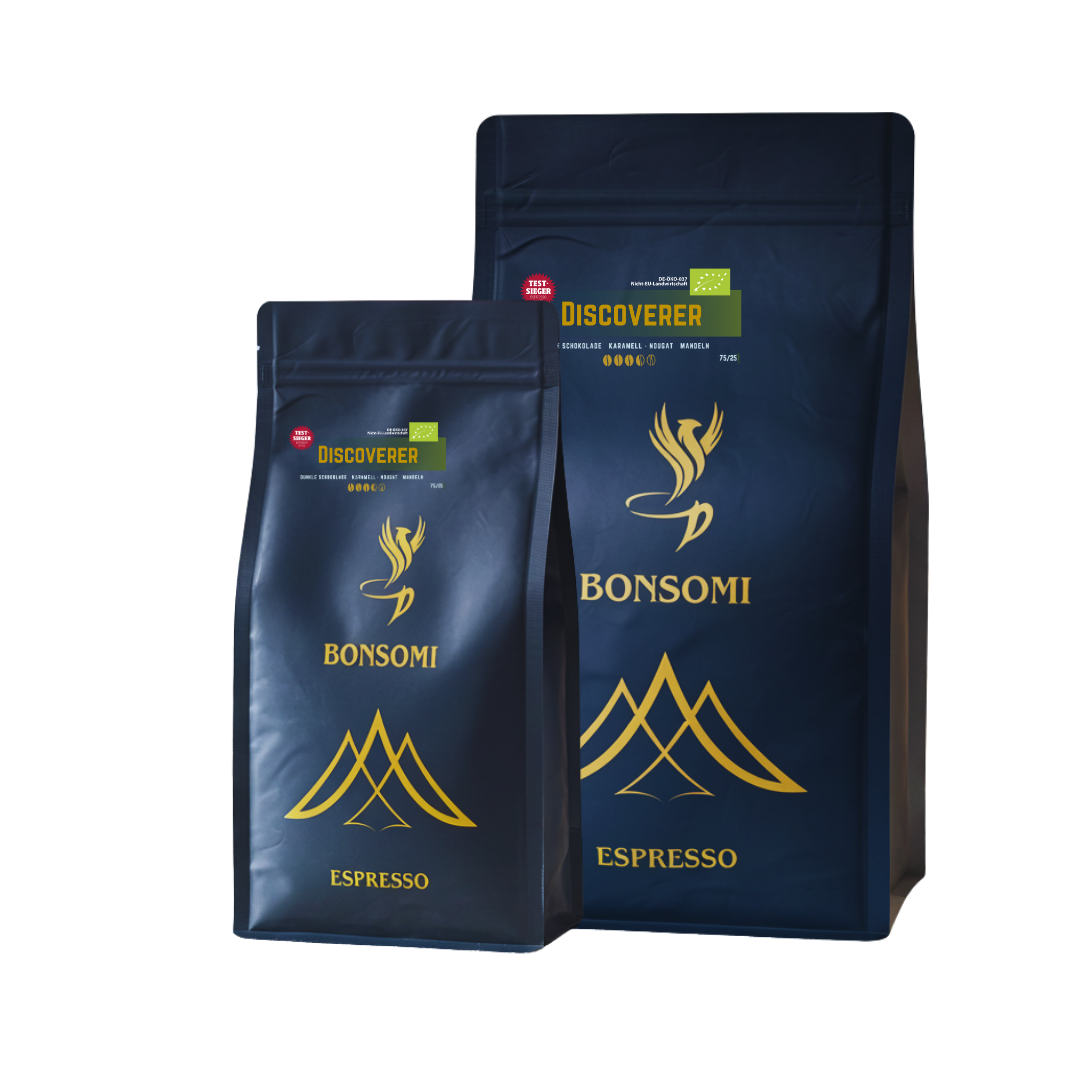 Bonsomi Discoverer Espresso 250g und 500g – Testsieger Espresso 2025 mit ausgewogener Röstung, dichter Crema und eleganten Schokoladennoten