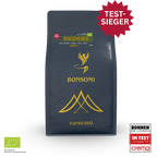 Bonsomi Discoverer BIO Espresso Testsieger mit Schokolade, Karamell, Nougat und Mandeln, 75/25 Blend aus Brasilien, Mexiko und Indien, mild intensiv und säurearm.