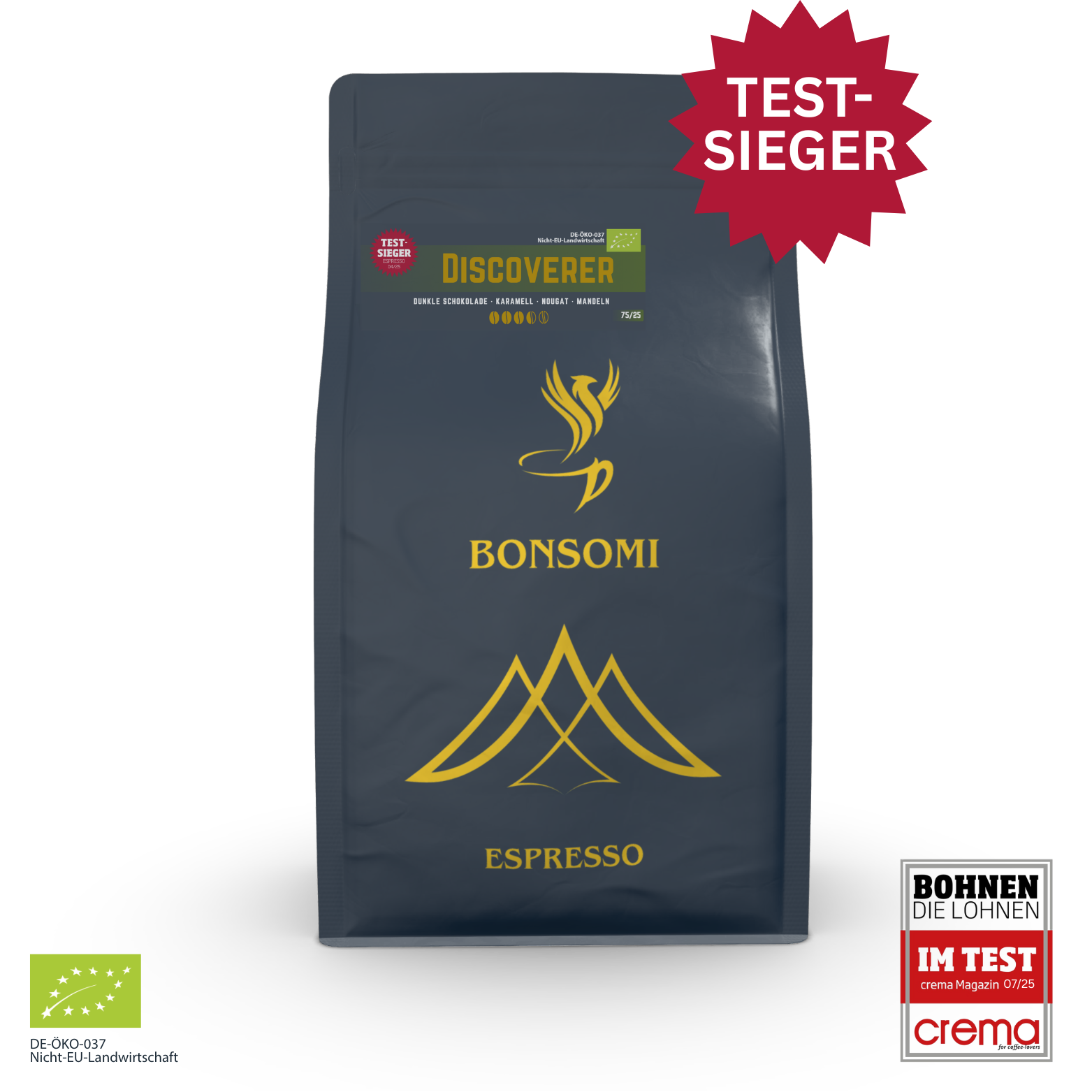 Bonsomi Discoverer BIO Espresso Testsieger mit Schokolade, Karamell, Nougat und Mandeln, 75/25 Blend aus Brasilien, Mexiko und Indien, mild intensiv und säurearm.