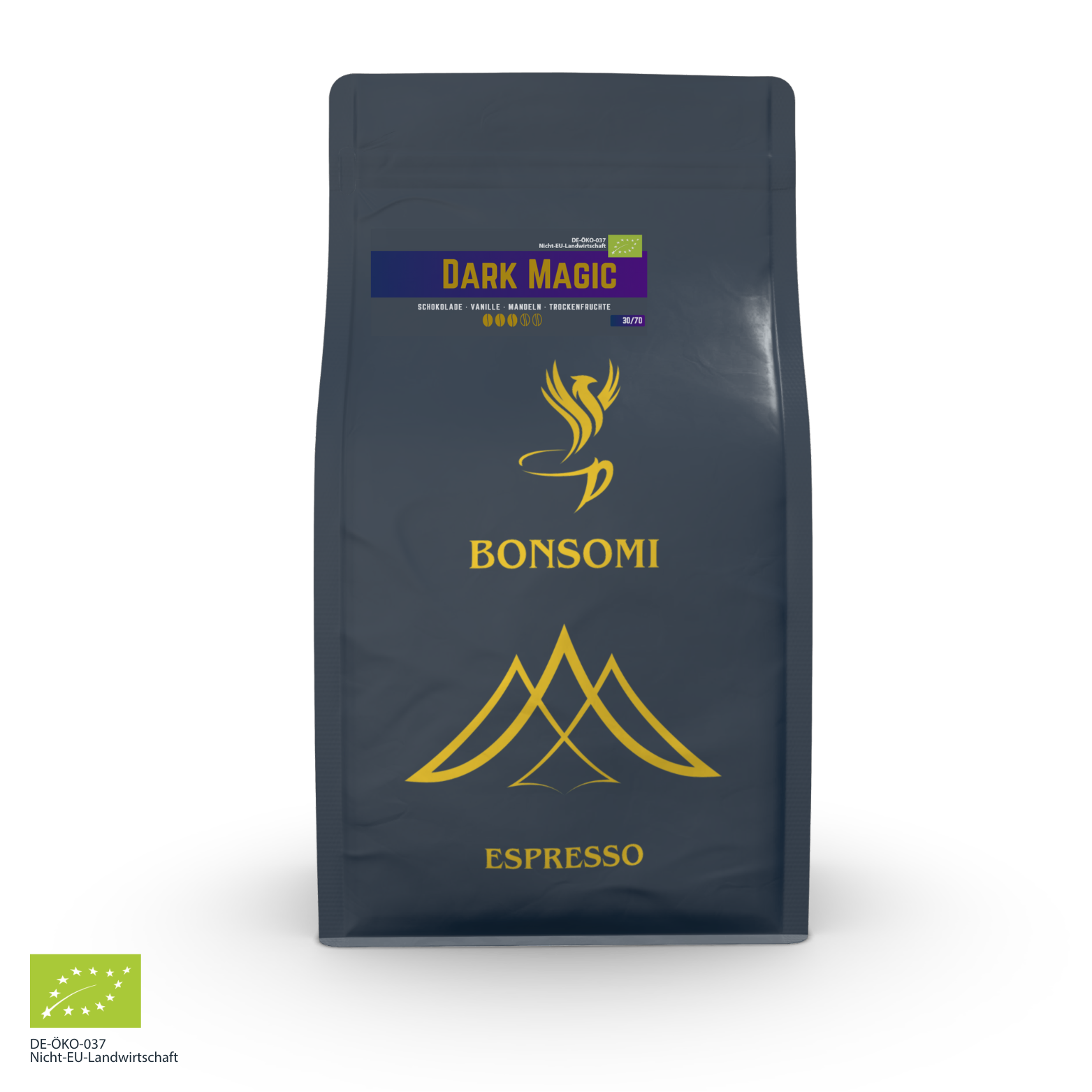 Dark Magic BIO Espresso mit 70% Arabica und 30% Robusta, dunkle Röstung, Noten von Kakao, Nuss und Schokolade, intensiv und vollmundig.