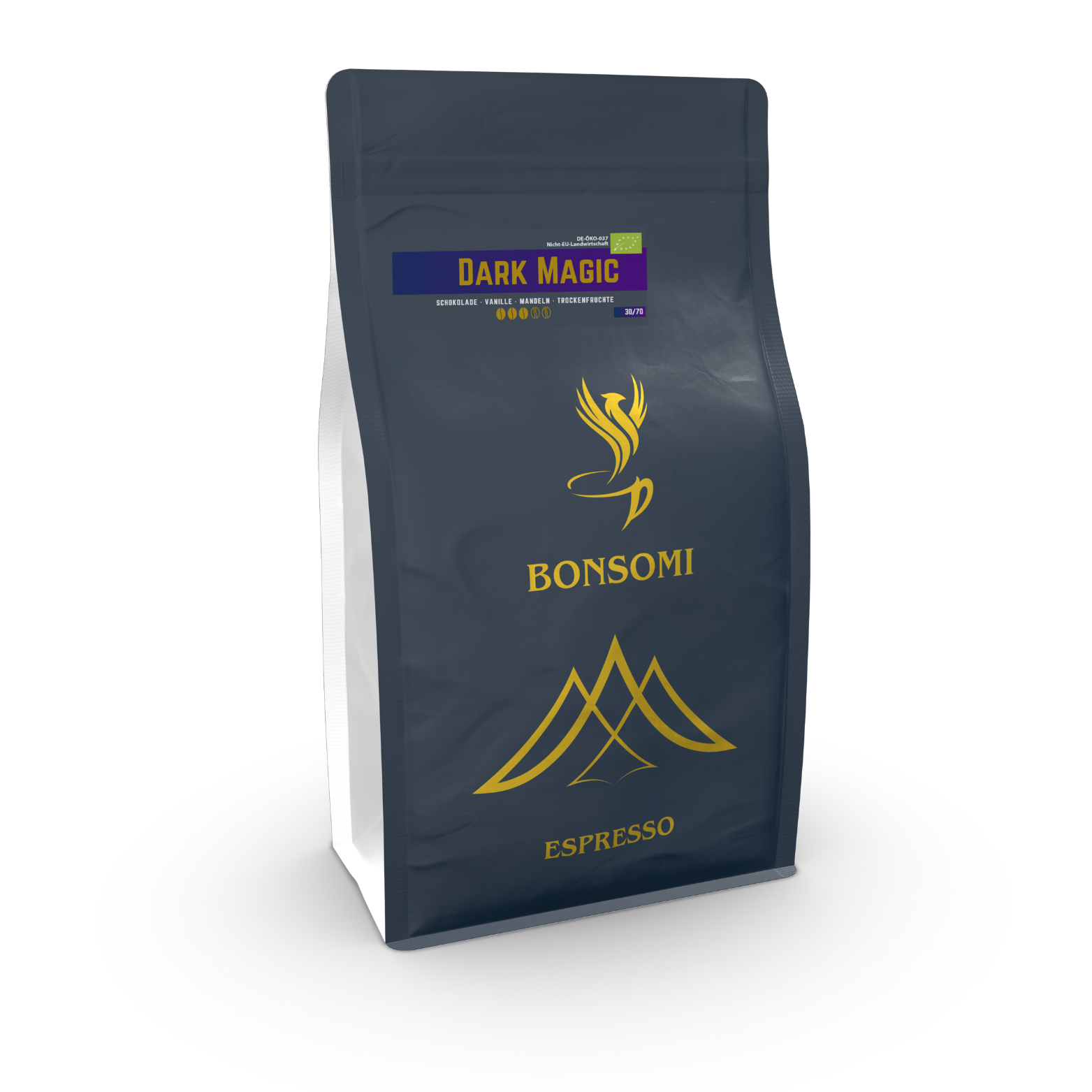 Bio Espresso Dark Magic mit kräftigem 70/30 Blend und Noten von Kakao, Nuss und dunkler Schokolade