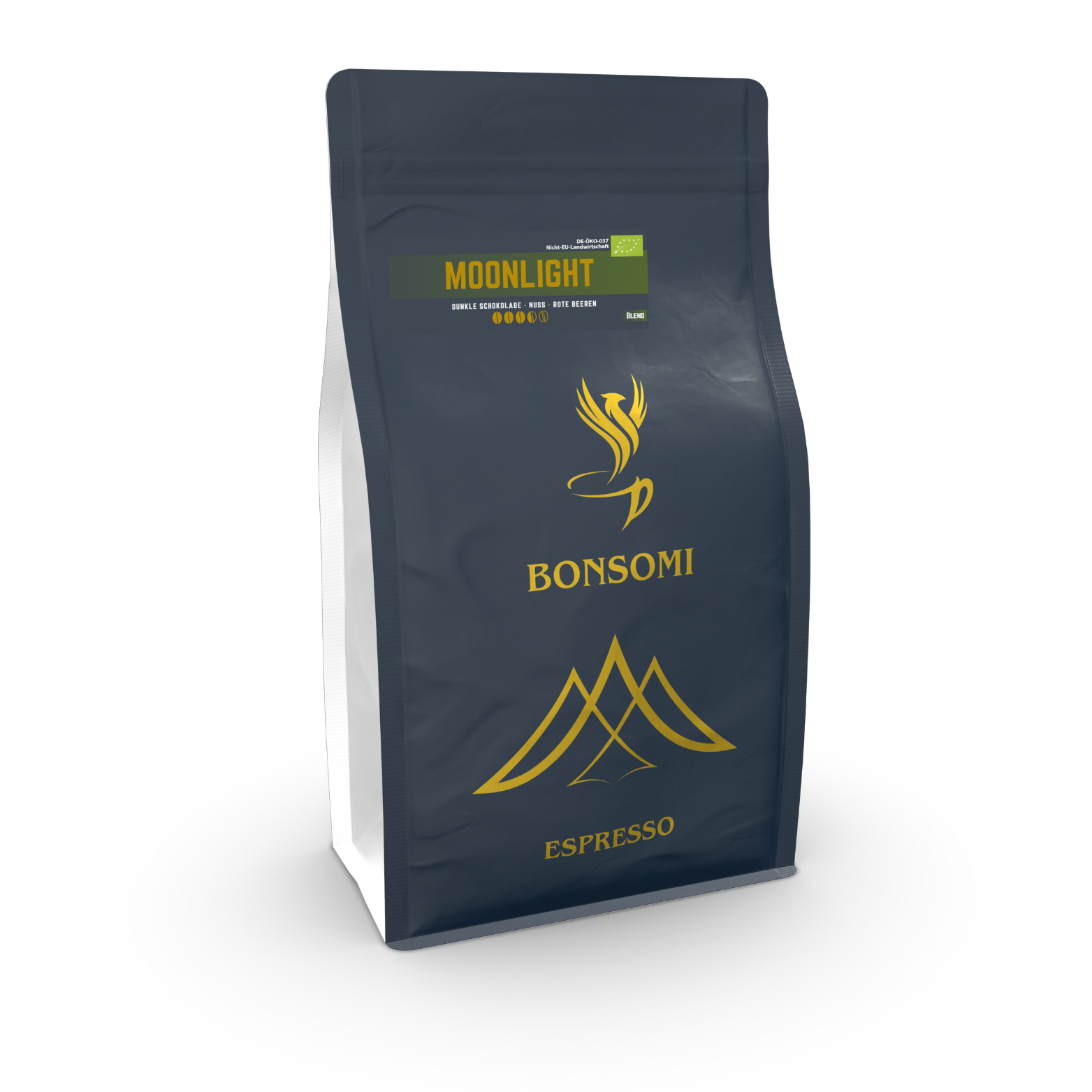 Moonlight BIO Kaffee – elegante Verpackung mit goldenem Mondmotiv, Bio-Röstkaffee aus Peru, geeignet für Siebträger & Milchalternativen