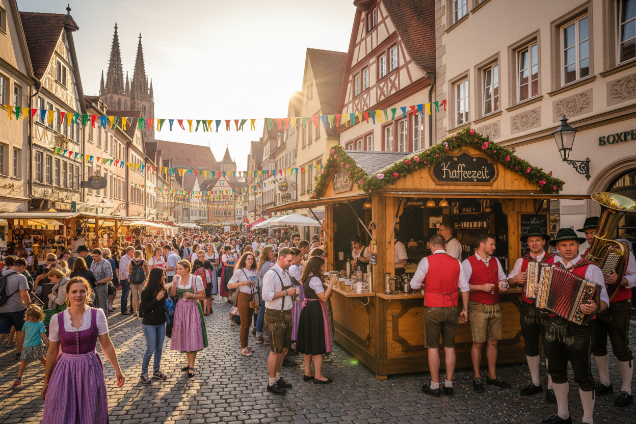 STraßenfest in Regensburg in der Altstadt mit kaffeestand und fröhliches musiktreiben